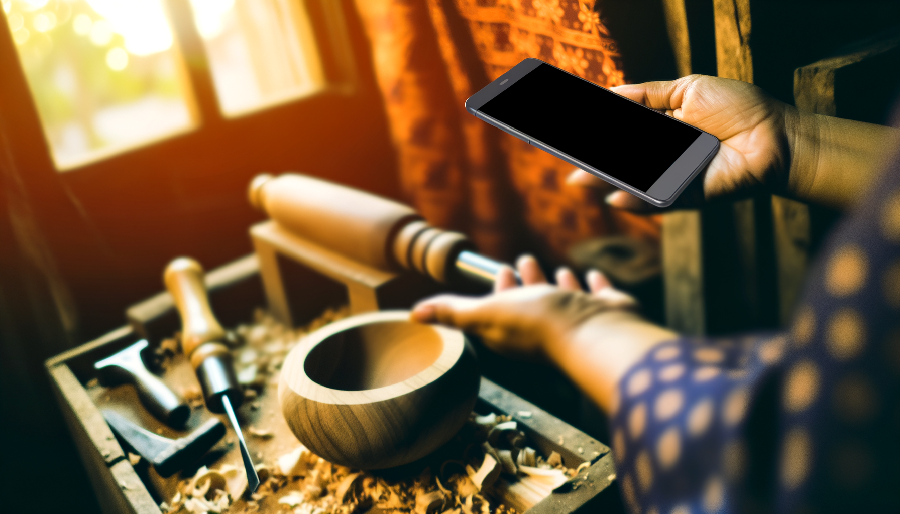 A woodworker holding a phone over a workbench with a partially turned bowl and shavings